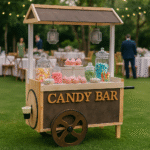 Carrito candy bar de madera natural grande – alquiler para eventos