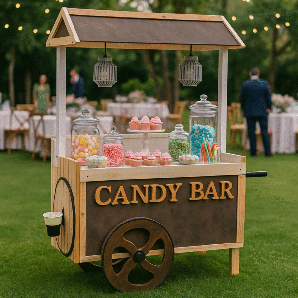 Carrito Candy Bar de Madera Natural Grande – alquiler para eventos