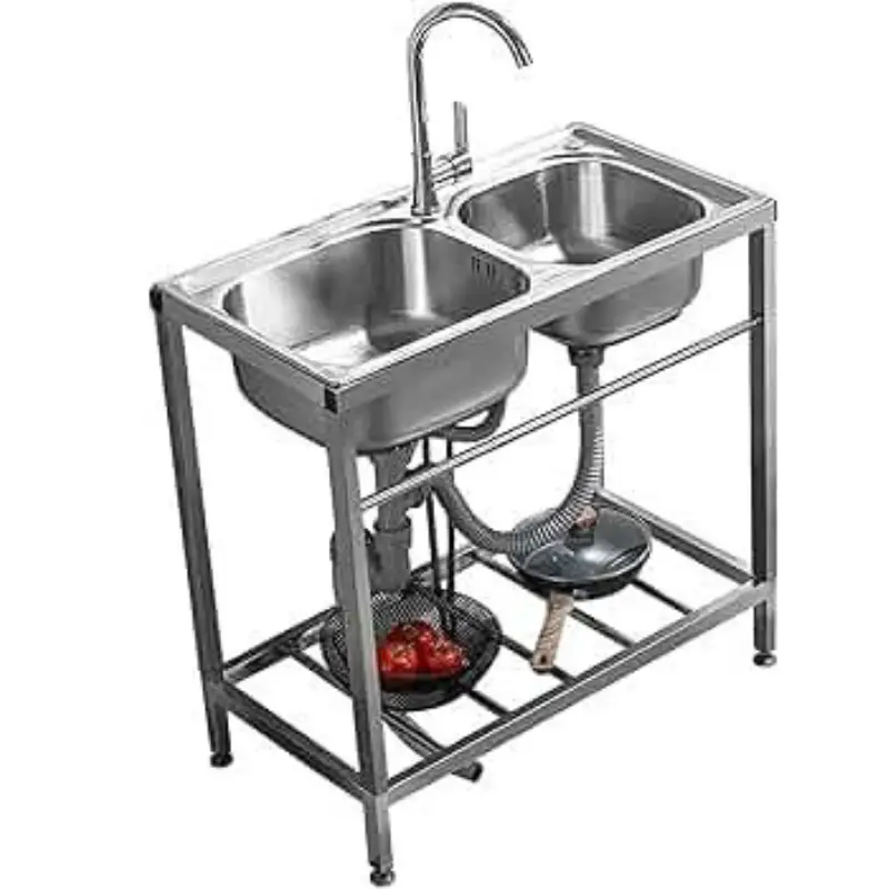 Fregadero doble seno con escurreplatos 1 grifo. Med. 82 cm. De alto x 120 cm. De ancho. X 50 cm. De fondo. – alquiler para eventos